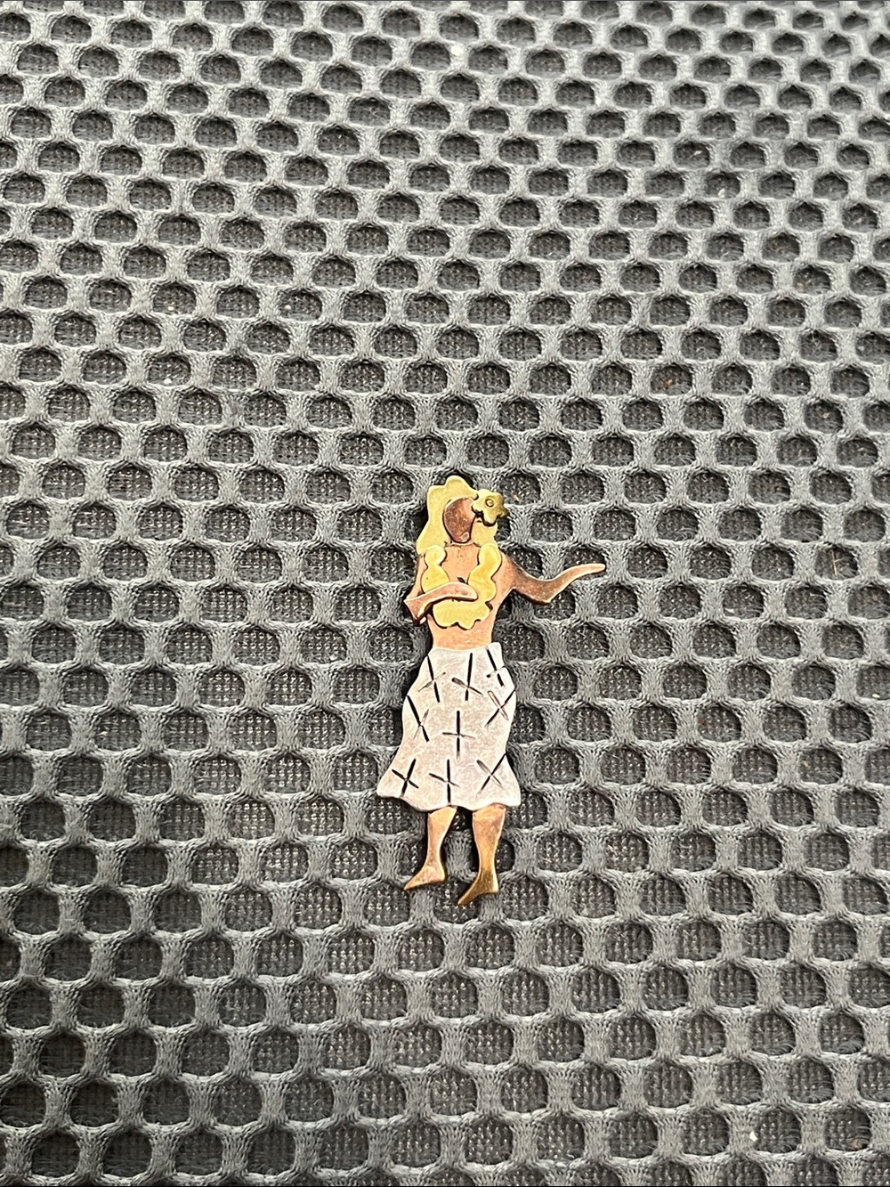 Vintage Far Fetched Three-Tone Hula Girl Brooch - Silver, copper and Bronze.
